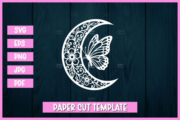 Butterfly Floral Crescent Moon Papercut Template SVG
