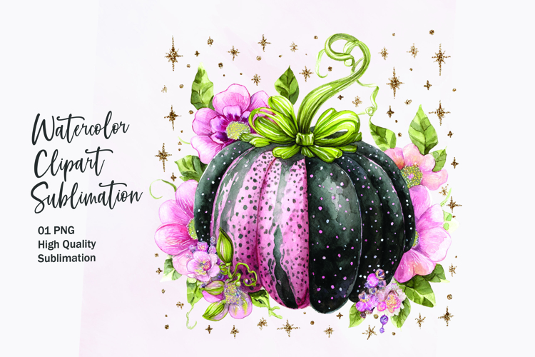 Floral Pumpkin with Bow Watercolor Clipart Sublimation