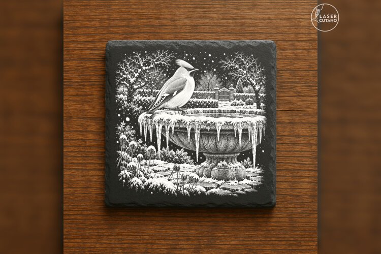 Waxwing at Frozen Fountain Winter Laser Engraving PNG example image 1