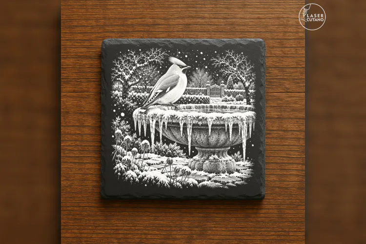Waxwing at Frozen Fountain Winter Laser Engraving PNG