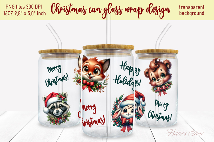 Christmas animals pattern design can glass wrap 16oz