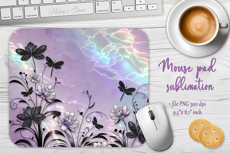 Iridescent lilac black floral mouse pad sublimation design