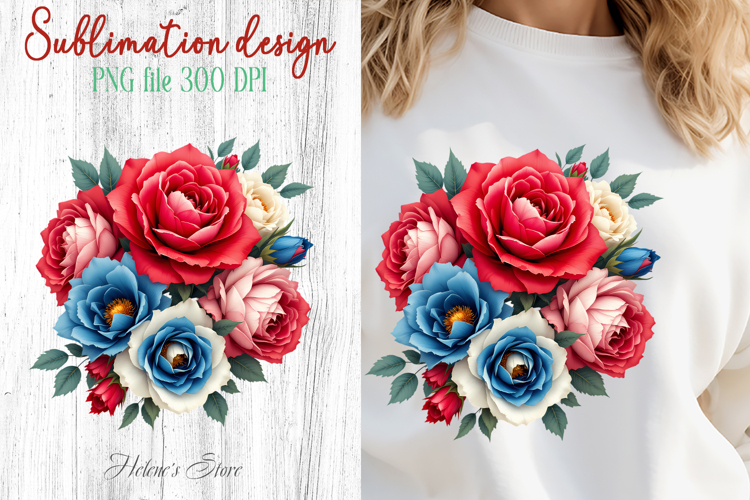 White Red Blue roses clipart |Patriotic flowers sublimation