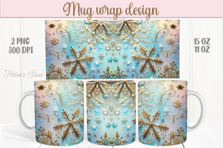 Christmas snowflakes mug wrap png |Blue & gold mug design