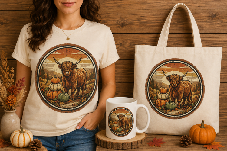 Vintage Highland Cow Autumn Pumpkins Retro Round Sign