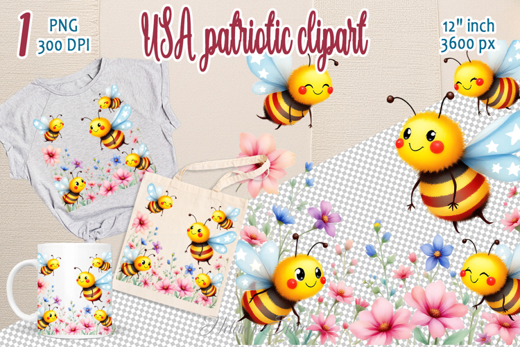 Funny bees in American flag colors clipart |Independence Day