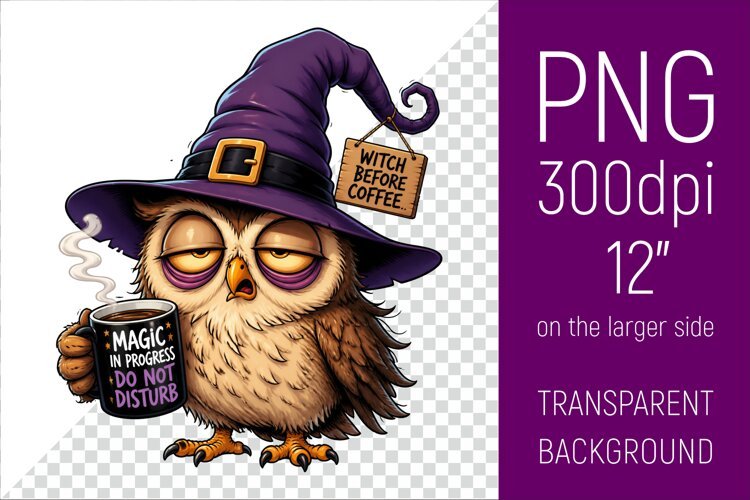 Funny Morning Coffee Owl in Witch Hat | Halloween Clipart example image 1