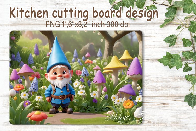 3d gnome in spring garden kitchen cutting board sublimation