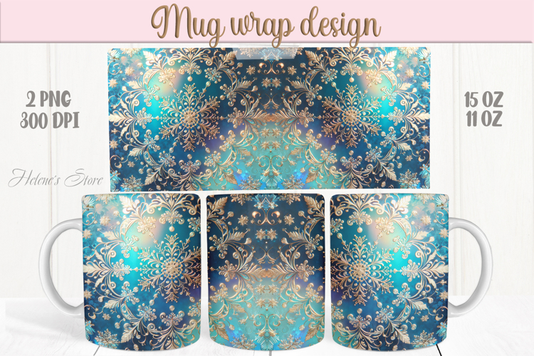 Christmas snowflakes mug wraps png |Blue & golden mug design