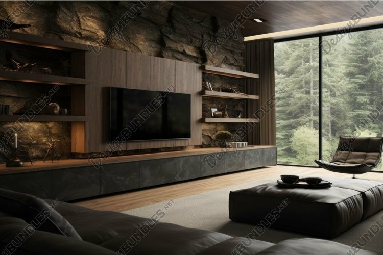 Modern living room with forest view