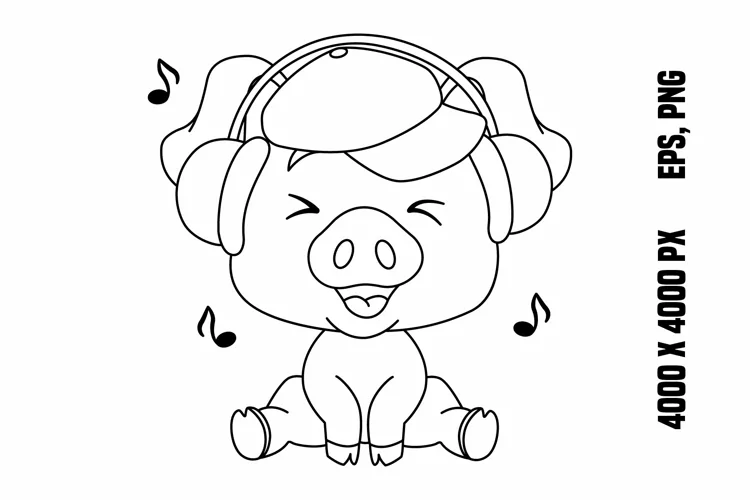 Funny Little Pig Listening to Music for Coloring