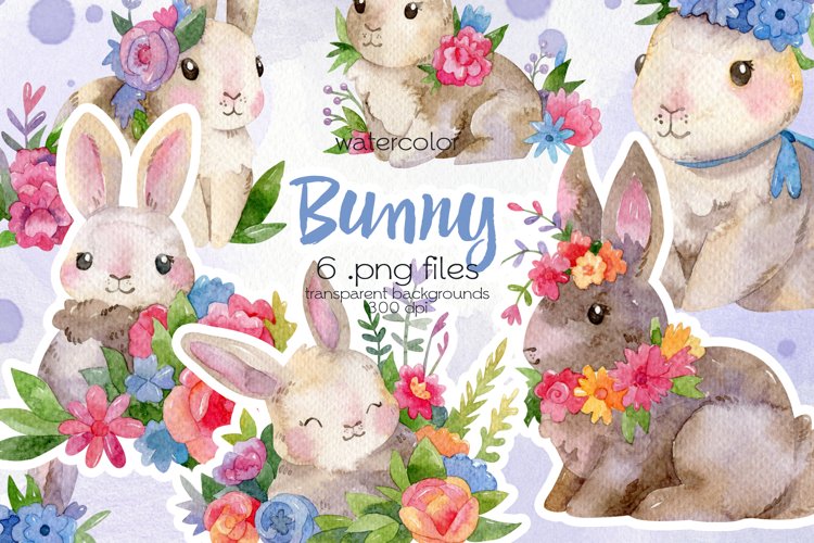 Watercolor Bunny with Flowers Clipart - PNG Files