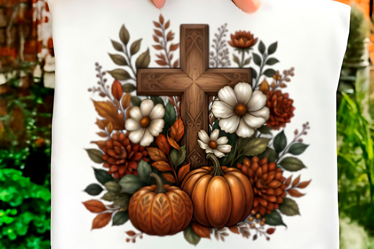 Faithful Fall Cross and Pumpkins Png