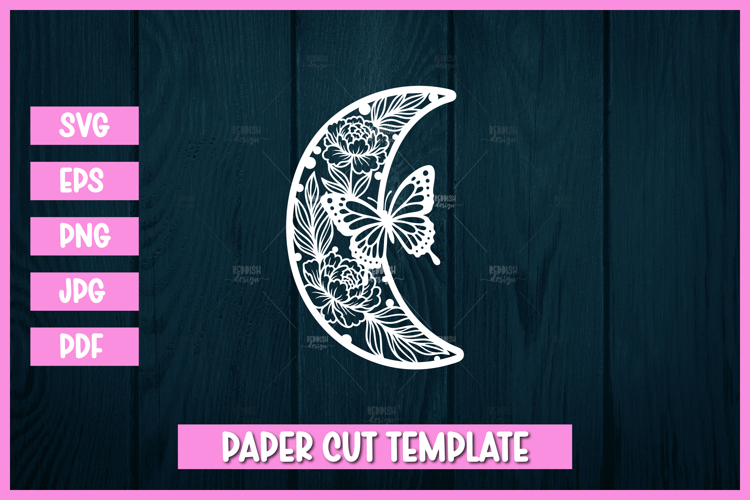Butterfly Floral Crescent Moon Papercut Template SVG