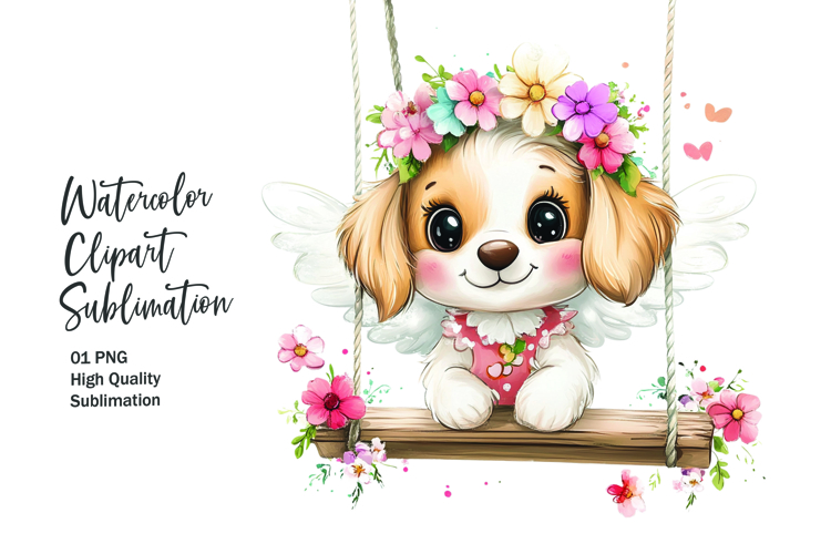 Cute dog sitting in wooden swing clipart png