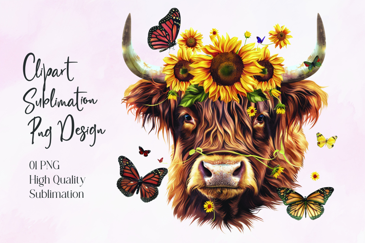 Highland Cow Sunflower Floral Sublimation PNG