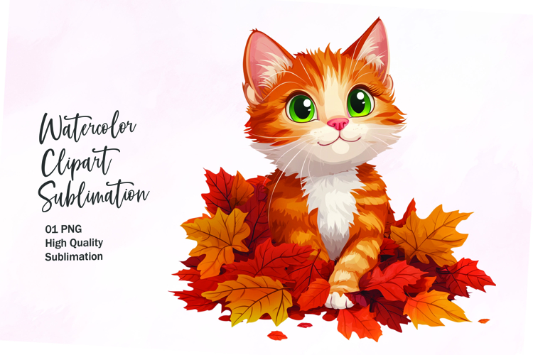 Cute cat with autumn leaves clipart png