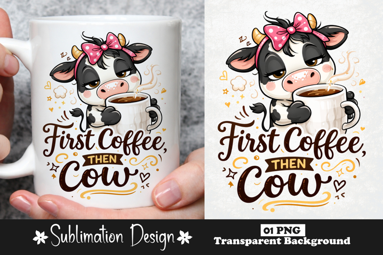 First Coffee Then Cow Funny Coffee Lover Cow Humor PNG