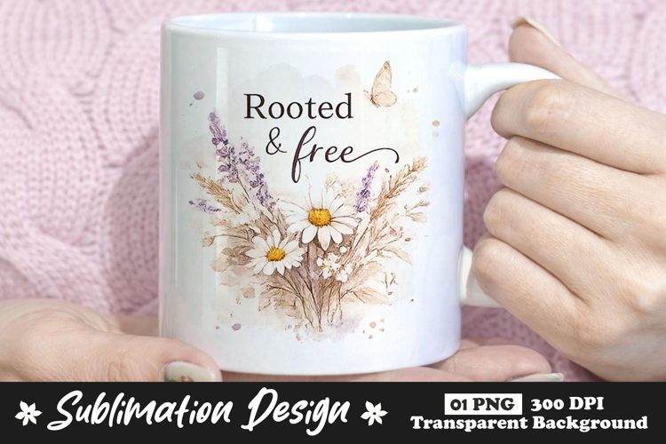 Rooted And Free Boho Floral Mug Sublimation Design example image 1