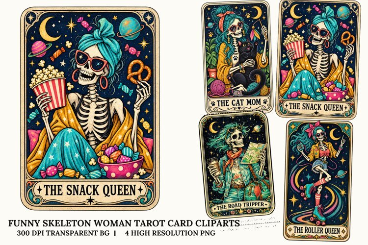Funny Skeleton Women Tarot PNG Gothic Halloween Sublimation example image 1