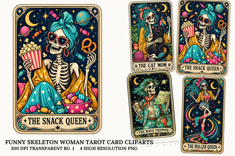 Funny Skeleton Women Tarot PNG Gothic Halloween Sublimation