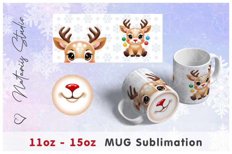 Christmas Reindeer Design. 11oz-15oz Mouth Bottom Mug.