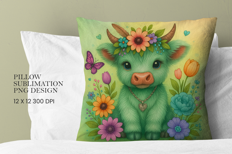 Highland Cow Flowers Pillow Sublimation PNG