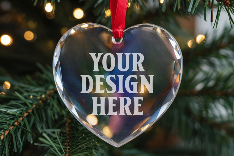 Christmas Heart Crystal Glass Ornament Mockup | Clear Heart
