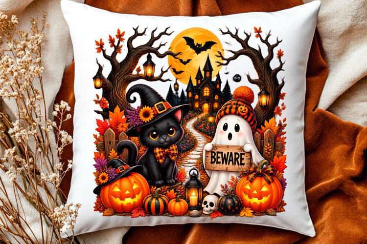 Beware Halloween haunted house scene with black cat ghost example image 1