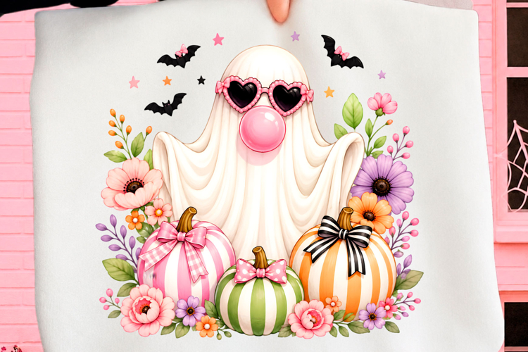 Cute Ghost Halloween Fall Flowers PNG