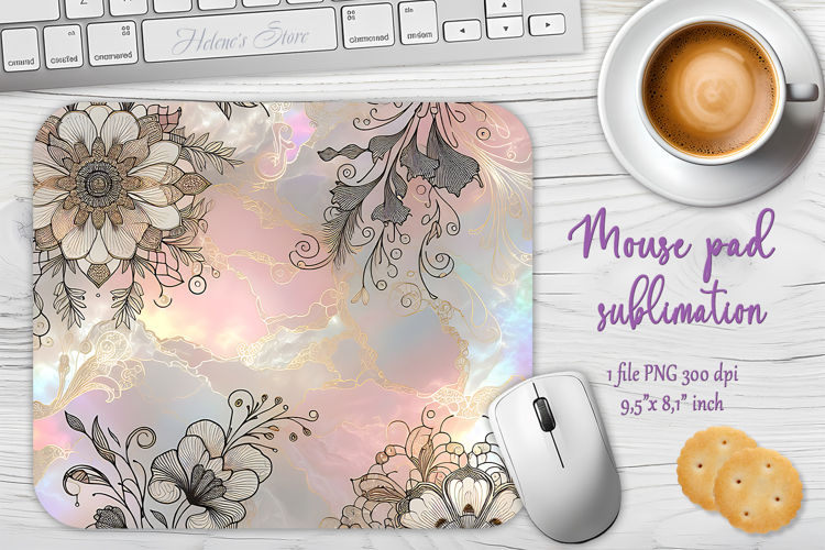 Iridescent pink golden floral mouse pad sublimation design