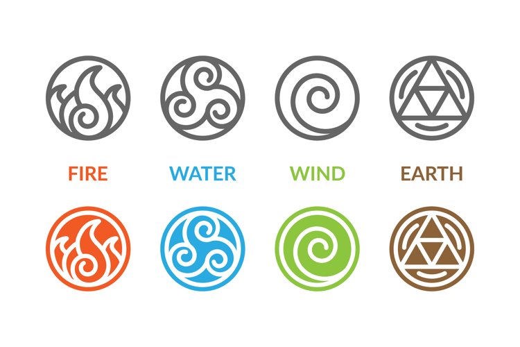 Symbols of the elements fire, water, wind and earth.