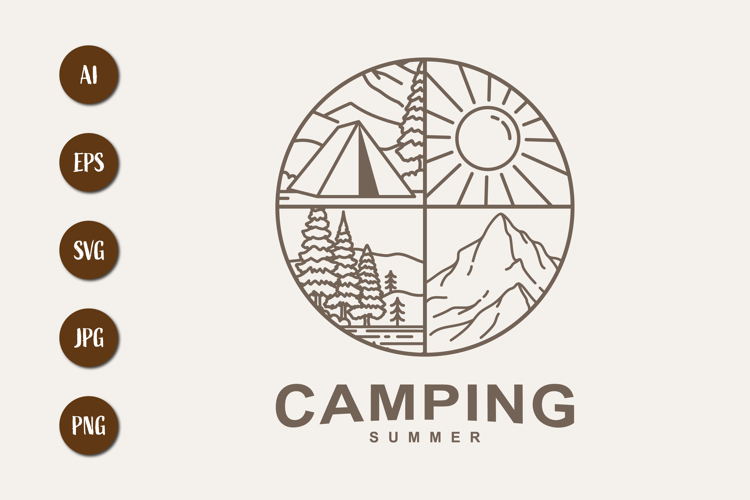 Summer Camping Emblem with Outdoor Line Art Illustrations