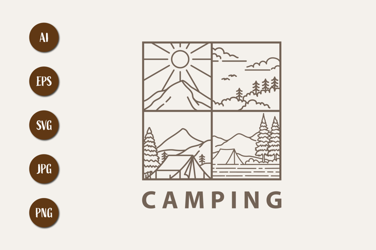 Monoline Illustration of Various Camping and Nature Scenes