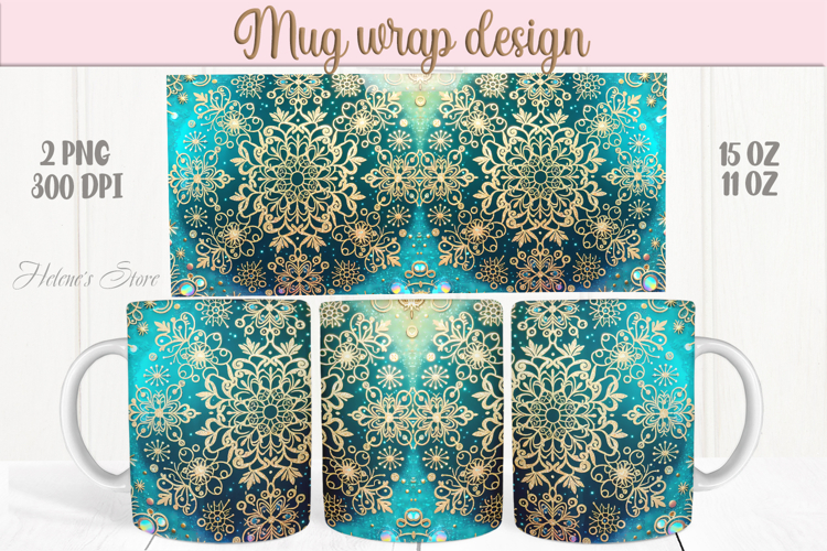 Christmas snowflakes mug wraps png | Blue & gold mug design