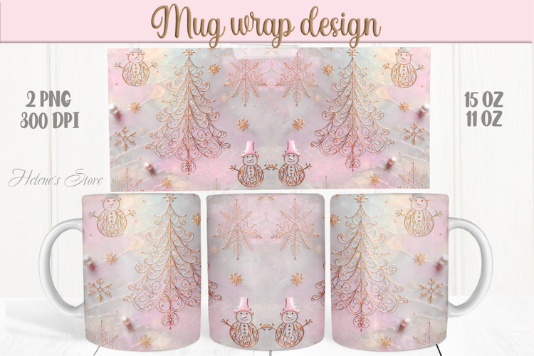 Christmas tree & snowmen mug wrap png|Pink & gold mug design