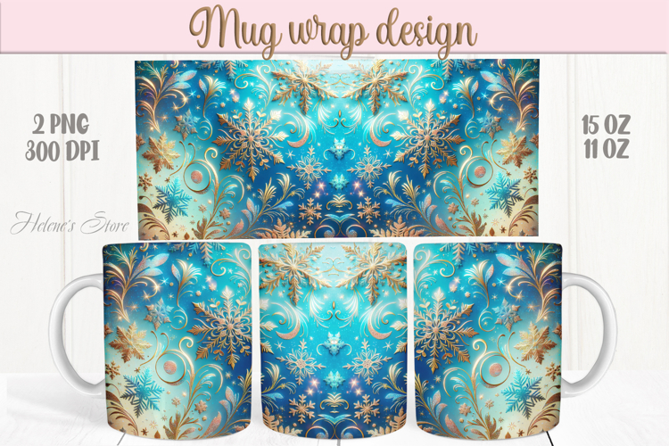Christmas snowflakes mug wraps png | Blue & gold mug design