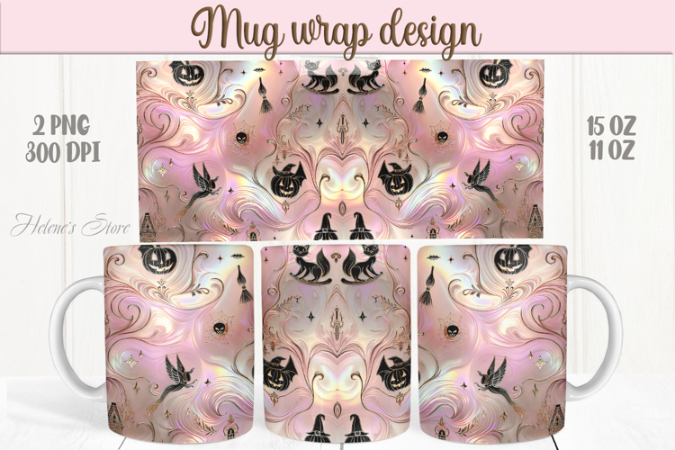 Cute pink Halloween patterns iridescent mug wrap design png
