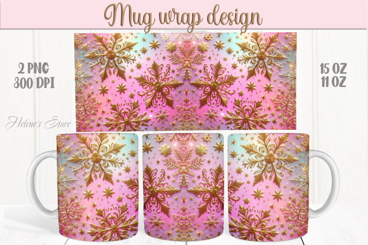 Christmas snowflakes mug wraps png | Pink & gold mug design