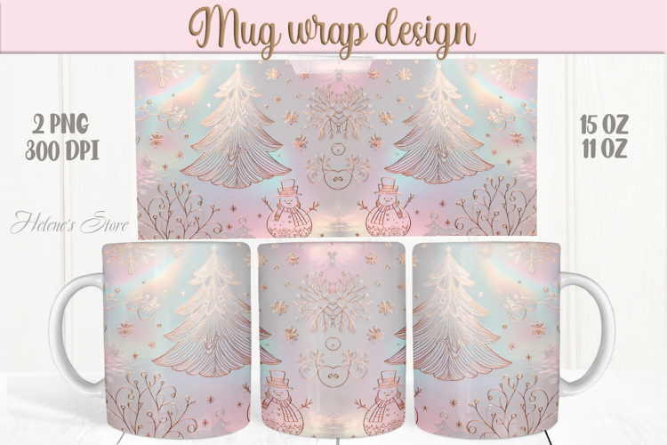 Christmas tree & snowmen mug wrap png|Pink & gold mug design