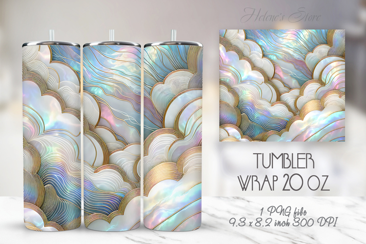 Gold rainbow clouds tumbler 20oz wrap sublimation design png