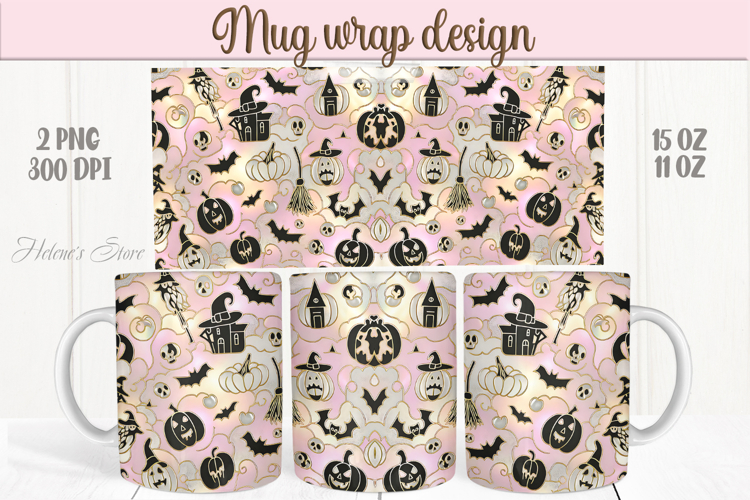 Cute pink Halloween patterns iridescent mug wrap design png