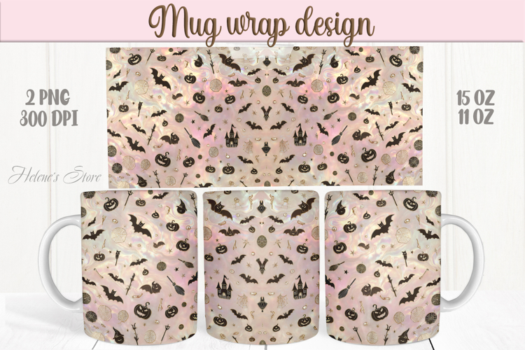 Cute pink Halloween patterns iridescent mug wrap design png