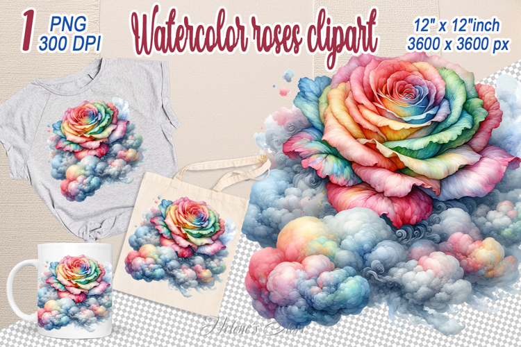 Magical Watercolor Roses Clipart | Amazing rainbow Flower example image 1