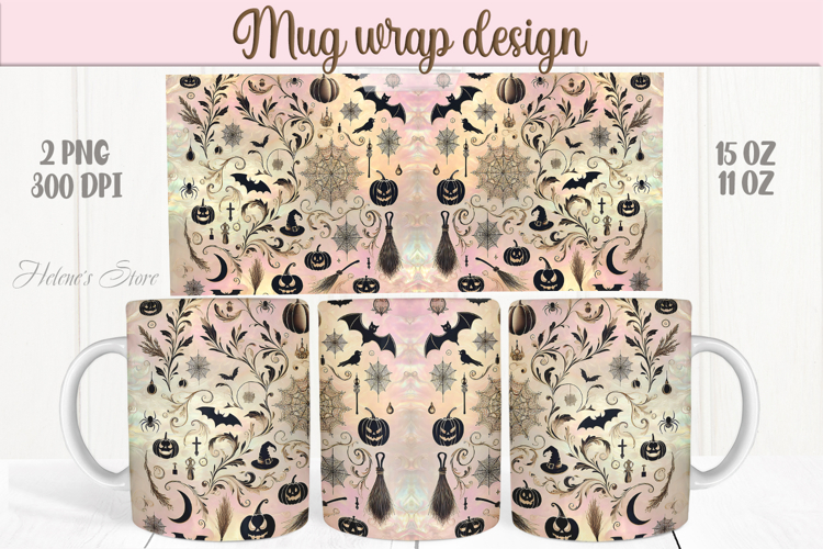 Cute pink Halloween patterns iridescent mug wrap design png