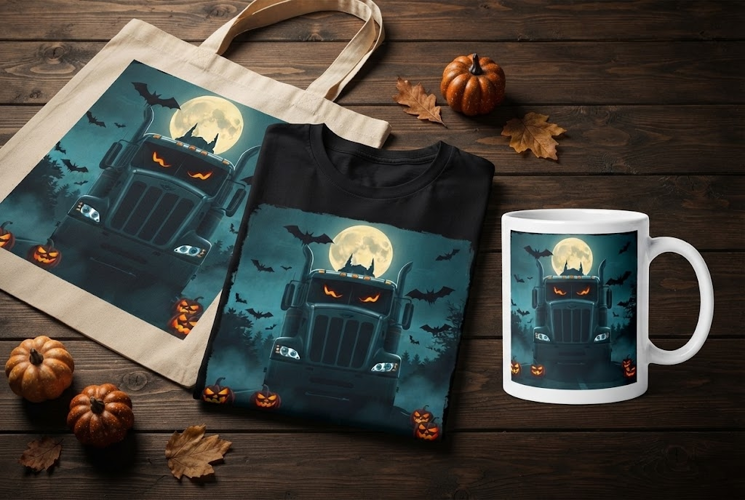 Spooky Semi Truck Halloween Design with Glowing Eyes