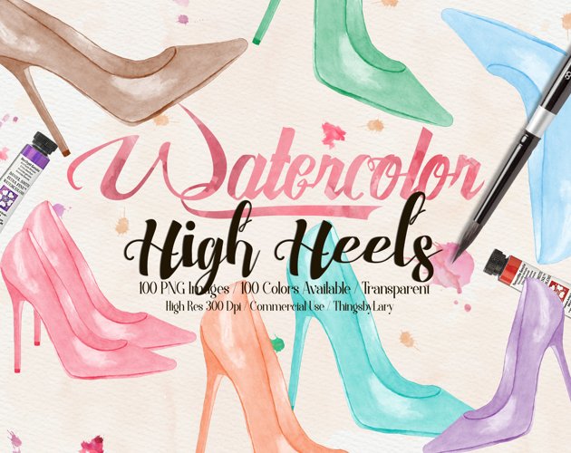100 Hand Painted Watercolor Shiny High Heels Clip Arts example image 1