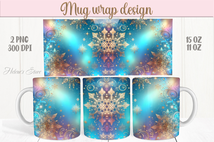 Christmas snowflakes mug wraps png | Blue & gold mug design