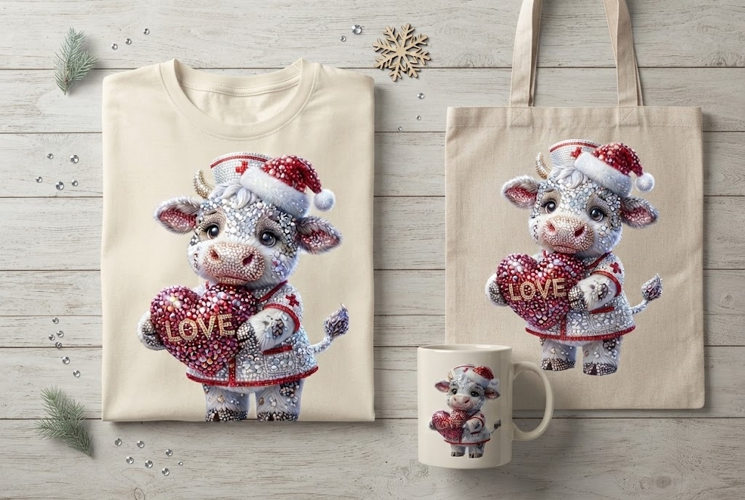 Rhinestone Crystal Nurse Cow Love Christmas Art Print