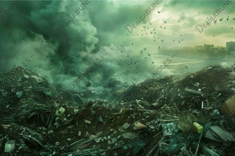 Dramatic depiction of a coastal city overwhelmed by pollutio